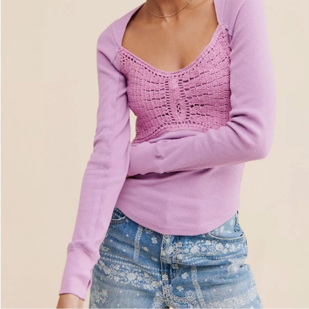 Free People Butterfly Dreams Purple Crochet Detail Shirt Size Small